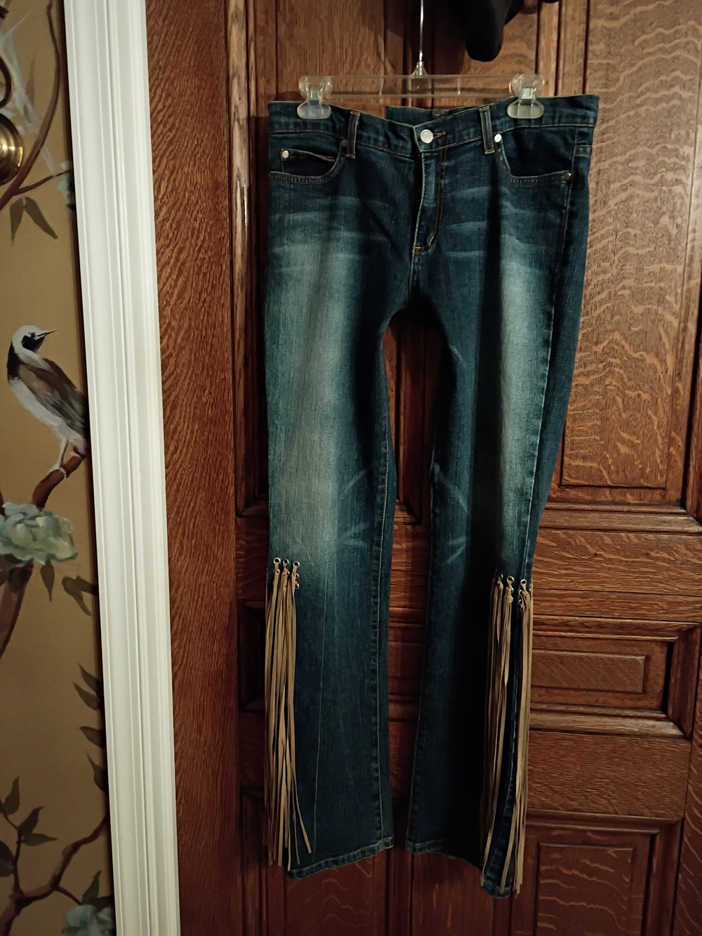 Rock & Republic Dark Blue Denim Jeans with Tan Fringe